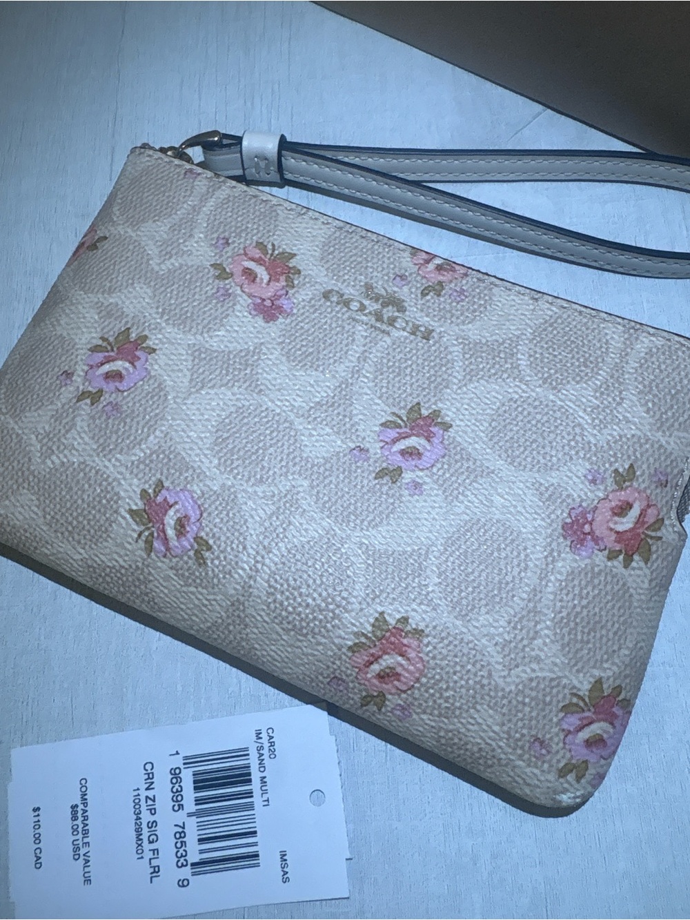 Coach Pink Floral Signature Wristlet with Beige Base